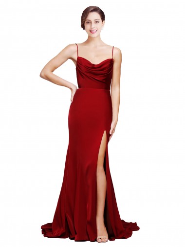 Wholesale Cowl Front Neck Sweep Train Stretch Satin Prom Dress with High Side Split