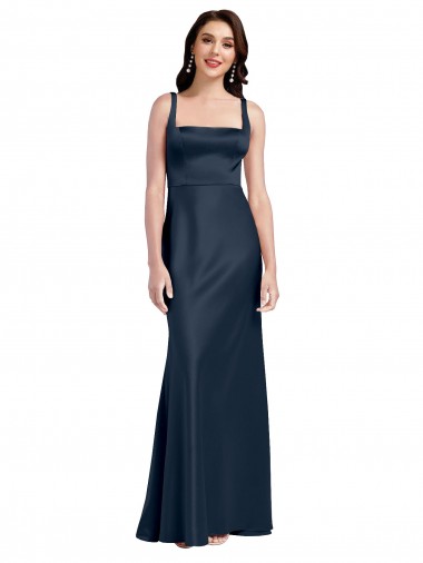 Wholesale Square Neck A-Line Long Stretch Satin Prom Dress with Wide Straps