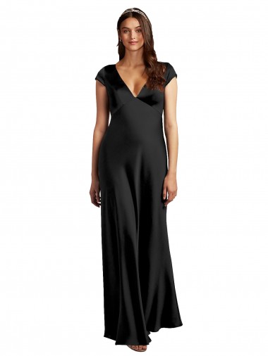 Wholesale Plunging V-Neck Cap Cleeves Long Stretch Satin Prom Dress with Keyhole Back