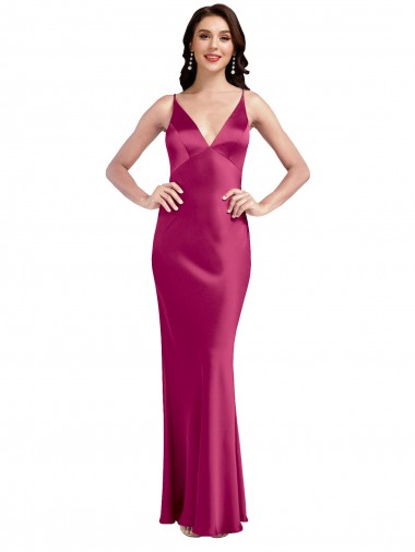 Wholesale V-Neck Spaghetti Straps Slim Stretch Satin Prom Dress with Low Scoop Back