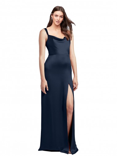 Wholesale Cowl Neck Soft Long Stretch Satin Prom Dress with Side Slit and Pleated Straps
