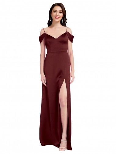 Wholesale Draped Off the Shoulder Sleeves Slim A-Line Stretch Satin Prom Dress with Side Slit