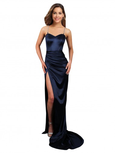 Wholesale Pleated Sash Skirt Long Stretch Satin Prom Dress with High Slit