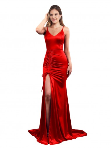 Wholesale Long Pleated Stretch Satin Prom Dress with High Slit