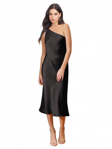 Wholesale Sleek One Shoulder Midi Length Short Stretch Satin Slip Cocktail Prom Dress / Homecoming Dress