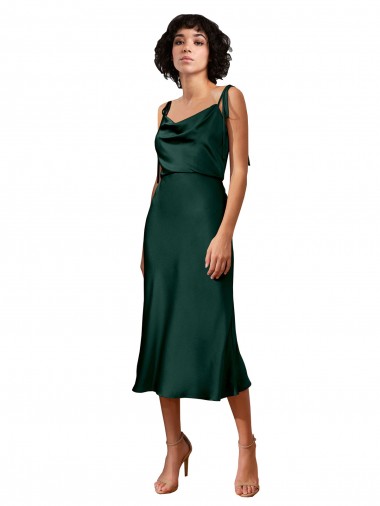 Wholesale Spaghetti Straps Tie Shoulders Cowl Neck Short Midi Length Stretch Satin Cocktail Prom Dress / Homecoming Dress