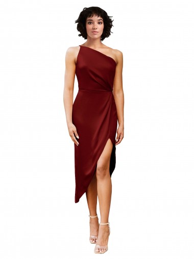 Wholesale One Shoulder Midi Length Short Stretch Satin Wrap Style Cocktail Prom Dress / Homecoming Dress