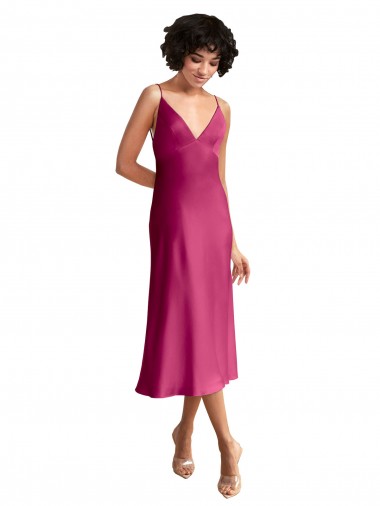 Wholesale Midi Length V-Neck Short Stretch Satin Cocktail Prom Dress / Homecoming Dress with Low Scoop Back