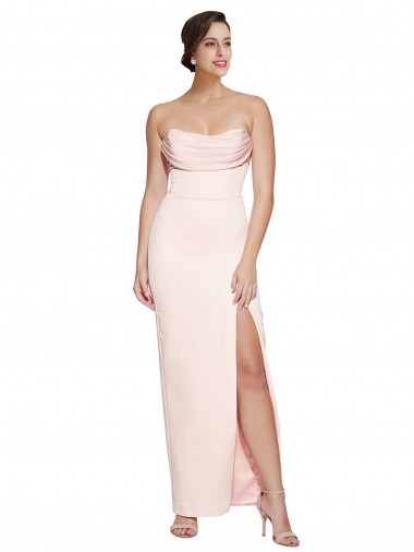 Wholesale Cowl Neck Strapless Stretch Satin Prom Dress with High Split