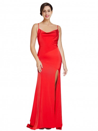 Wholesale Low Back Cowl Neck Stretch Satin Prom Dress with High Side Slit