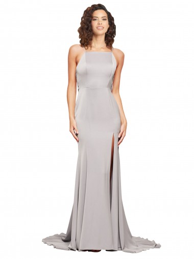 Wholesale High Neck Low Back Long Full Length Stretch Satin Prom Dress