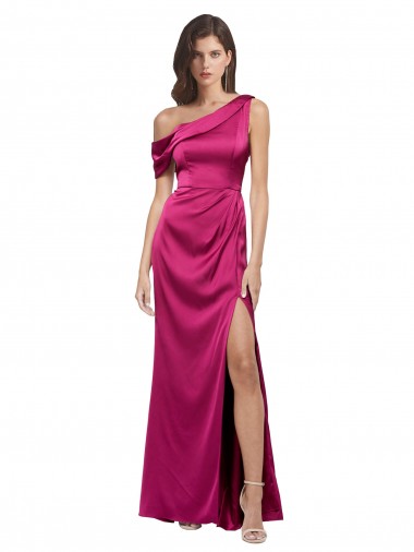 Wholesale Off the Shoulder Short Sleeves Stretch Satin Prom Dress with Side Slit