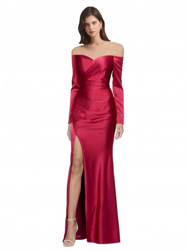 Wholesale Long Sleeves Off the Shoulder Stretch Satin Prom Dress with High Side Split