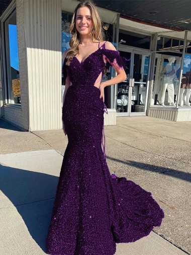 Wholesale Cold Shoulder Sleeveless Long Court Train Velvet Sequin Prom Dress