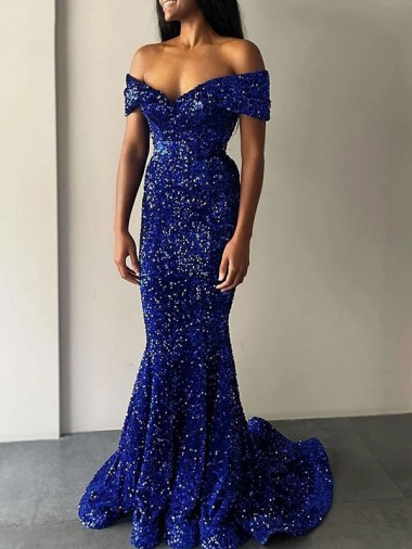 Wholesale Mermaid Off the Shoulder Sleeveless Long Sweep Train Velvet Sequin Prom Dress