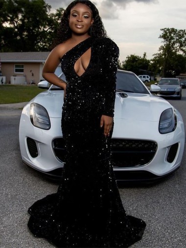 Wholesale One Shoulder Long Sleeves Long Sweep Train Velvet Sequin Prom Dress