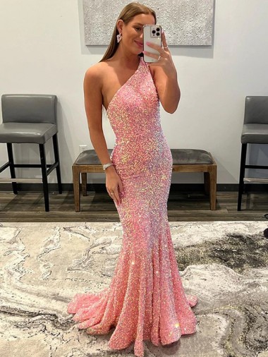 Wholesale Open Back One Shoulder Sleeveless Long Sweep Train Velvet Sequin Prom Dress