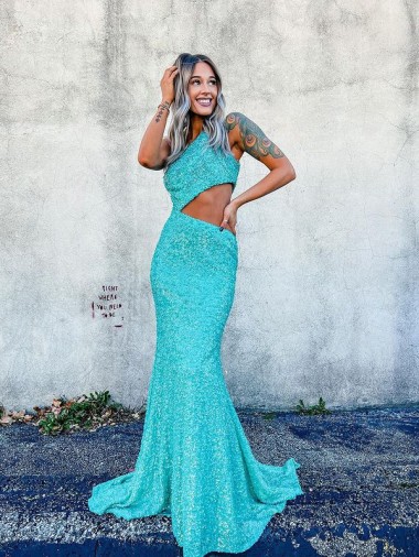 Wholesale Mermaid One Shoulder Sleeveless Long Sweep Train Velvet Sequin Prom Dress