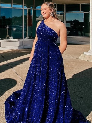 Wholesale A-Line One Shoulder Sleeveless Long Sweep Train Velvet Sequin Prom Dress with Pockets