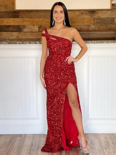 Wholesale One Shoulder Sleeveless Long Sweep Train Velvet Sequin Prom Dress
