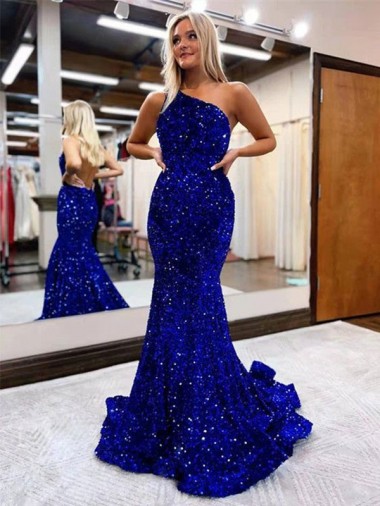 Wholesale Mermaid One Shoulder Open Back Long Sweep Train Velvet Sequin Prom Dress