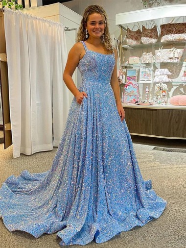 Wholesale A-Line Scoop Sleeveless Long Court Train Velvet Sequin Prom Dress