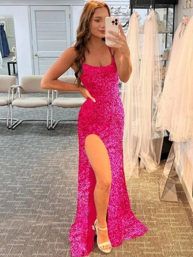 Wholesale Spaghetti Straps Sleeveless Long Velvet Sequin Prom Dress with Slit and Criss Cross Open Back
