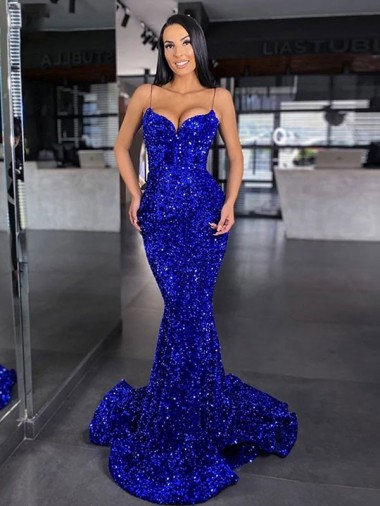 Wholesale Mermaid Spaghetti Straps Sleeveless Long Sweep Train Velvet Sequin Prom Dress