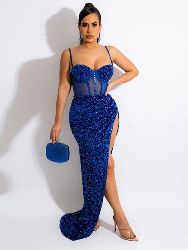 Wholesale Long Sweep Train Spaghetti Straps Sleeveless Velvet Sequin Prom Dress with Slit