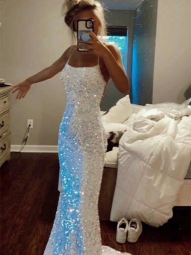 Wholesale Long Spaghetti Straps Sleeveless Sweep Train Velvet Sequin Prom Dress