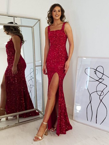 Wholesale Square Neck Sleeveless Long Velvet Sequin Prom Dress with Slit