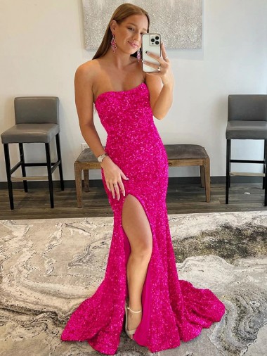 Wholesale Strapless Sleeveless Long Sweep Train Velvet Sequin Prom Dress with Side Slit