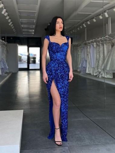 Wholesale Sleeveless Long Sweep Train Velvet Sequin Prom Dress with High Slit and Straps