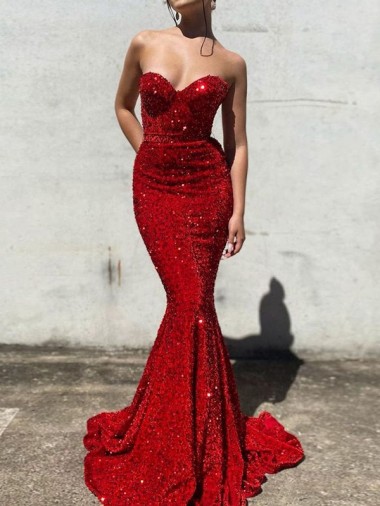 Wholesale Mermaid Sweetheart Sleeveless Long Court Train Velvet Sequin Prom Dress
