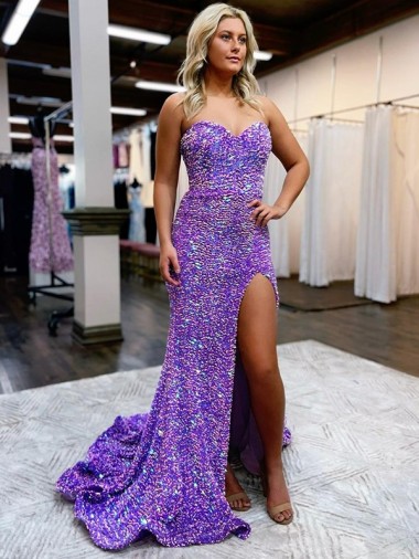 Wholesale A-Line Sweetheart Sleeveless Long Velvet Sequin Prom Dress with Slit
