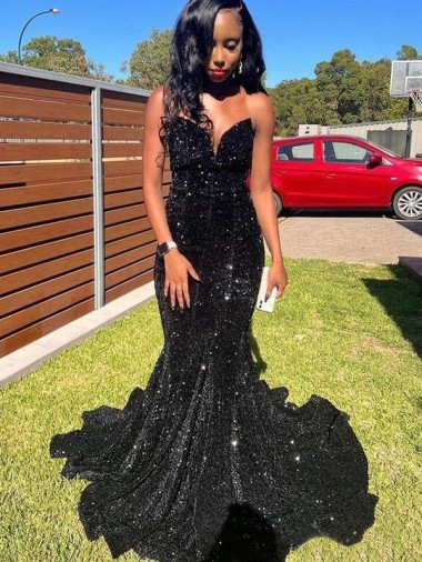 Wholesale Mermaid Sweetheart Sleeveless Long Floor Length Velvet Sequin Prom Dress