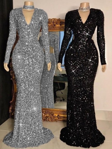 Wholesale V-Neck Long Sleeves Long Sweep Train Velvet Sequin Prom Dress