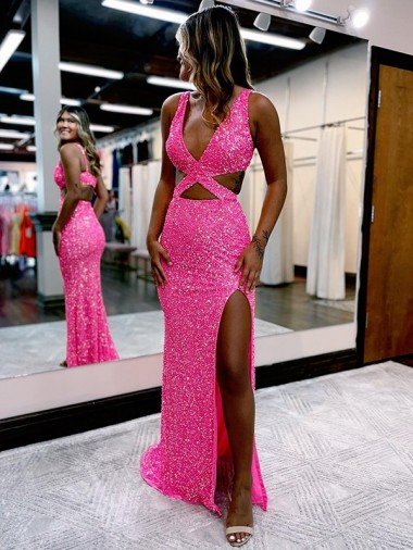Wholesale Long V-Neck Sleeveless Sweep Train Velvet Sequin Prom Dress with High Slit