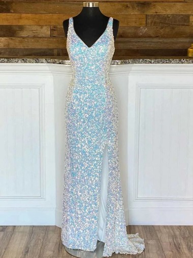 Wholesale V-Neck Sleeveless Long Sweep Train Velvet Sequin Prom Dress