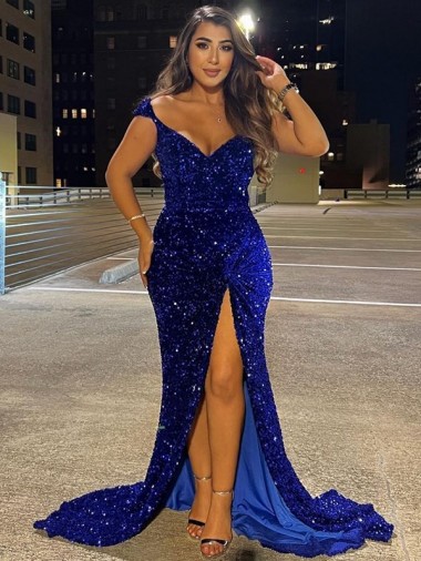 Wholesale V-Neck Sleeveless Long Sweep Train Velvet Sequin Prom Dress with Slit