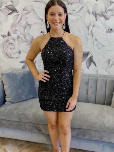 Wholesale Halter Sleeveless Short Velvet Sequin Prom Dress