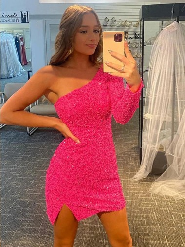 Wholesale Short Velvet Sequin One Shoulder Long Sleeves Prom Dress