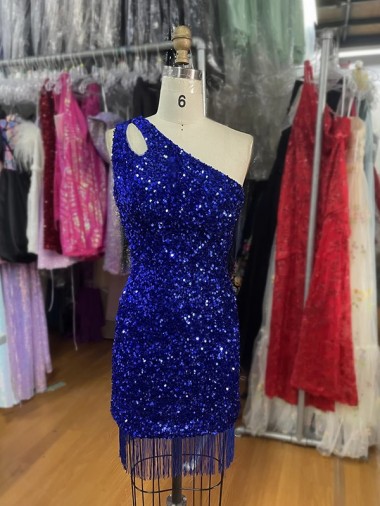 Wholesale One Shoulder Keyhole Sleeveless Short Velvet Sequin Prom Dress