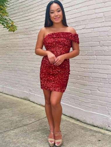 Wholesale Short One Shoulder Sleeveless Velvet Sequin Cocktail Prom Dress