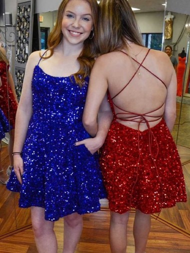Wholesale A-Line Spaghetti Straps Sleeveless Short Velvet Sequin Prom Dress