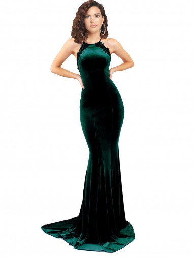 Wholesale High Neck Stretch Velvet Prom Dress with Black Lace Embroidery