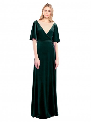 Wholesale Deep V-Neck Flutter Sleeves Long Velvet Wrap Prom Dress