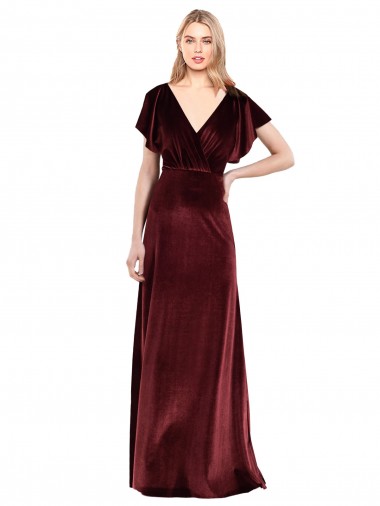 Wholesale Flutter Sleeves Open Back Long Velvet Prom Dress