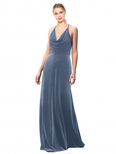 Wholesale Halter Cowl Neck Long A-Line Velvet Prom Dress with Keyhole Back
