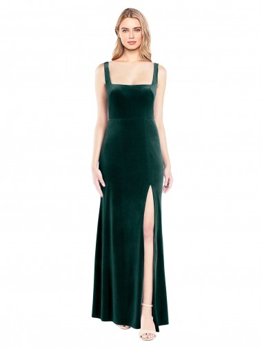 Wholesale Square Neck Full Length Velvet Prom Dress with Side Slit